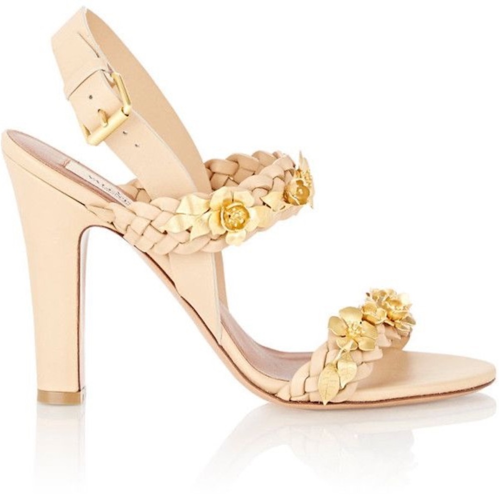 Valentino BUD Braided Tan Leather Gold Medal Flower Block Heels 8 8.5 | 39.5 39